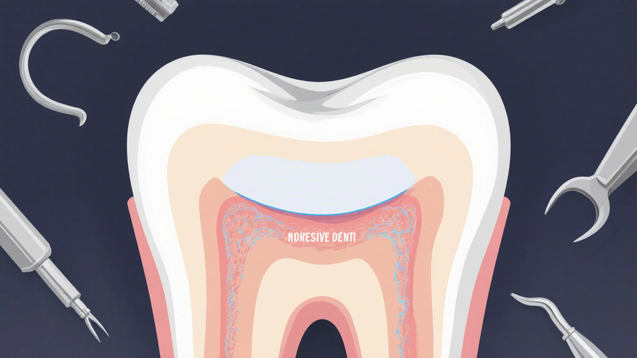 Průřez zubu s tenkou keramickou fazetou a přesně odstraněným vrstvou emalu.
