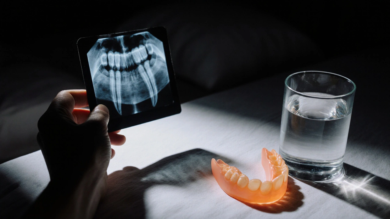 Rentgen zobrazující ztrátu kosti a ochranná nástavka pro noční bruxismus.