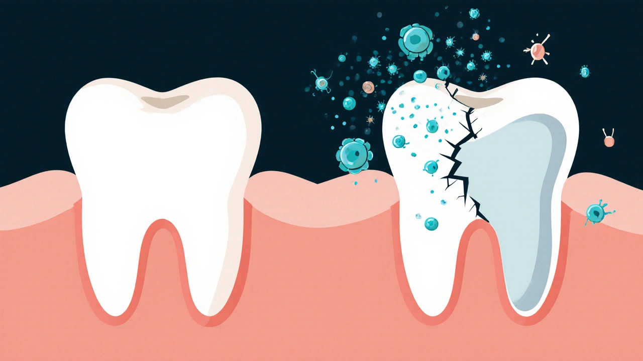Side-by-side comparison of a fresh and deteriorating temporary dental filling with bacteria spreading.