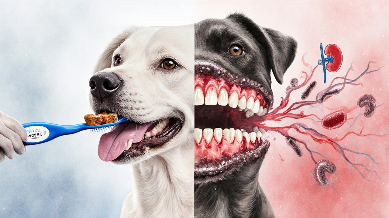 Srovnání zdravého a nemocného psího ústního ústrojí.