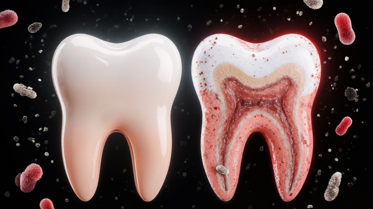 Srovnání zdravého a poškozeného zubu s rovnátky – zářivý proti bílým skvrnám.