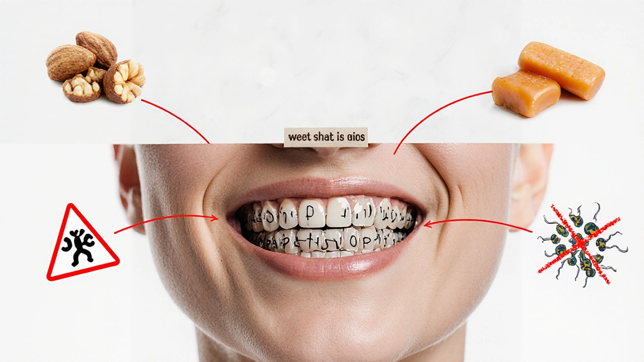 Symbolický obraz hrozby pro keramická rovnátka: tvrdá jídla, plak a bruxismus.