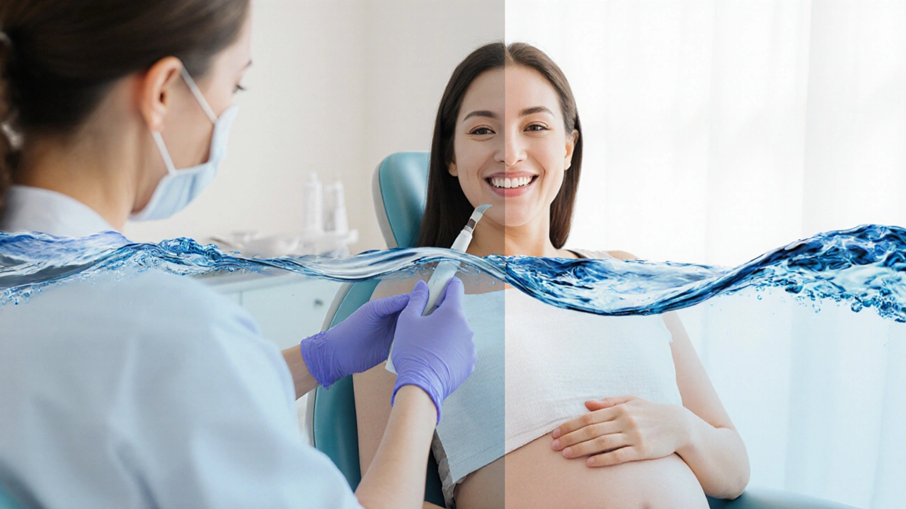 Těhotná žena dostává jemné čištění zubů ručními nástroji v klidném prostředí.
