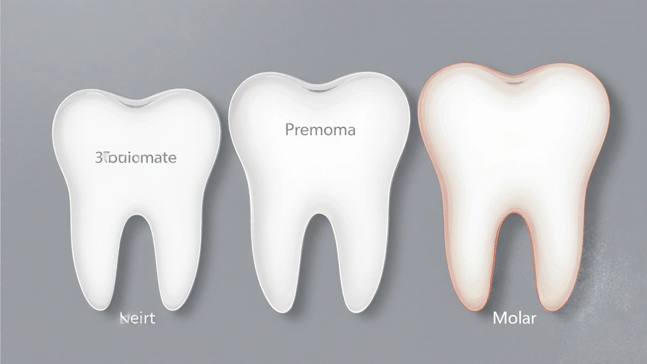 Three white dental fillings of different sizes on molars, premolars, and incisors.