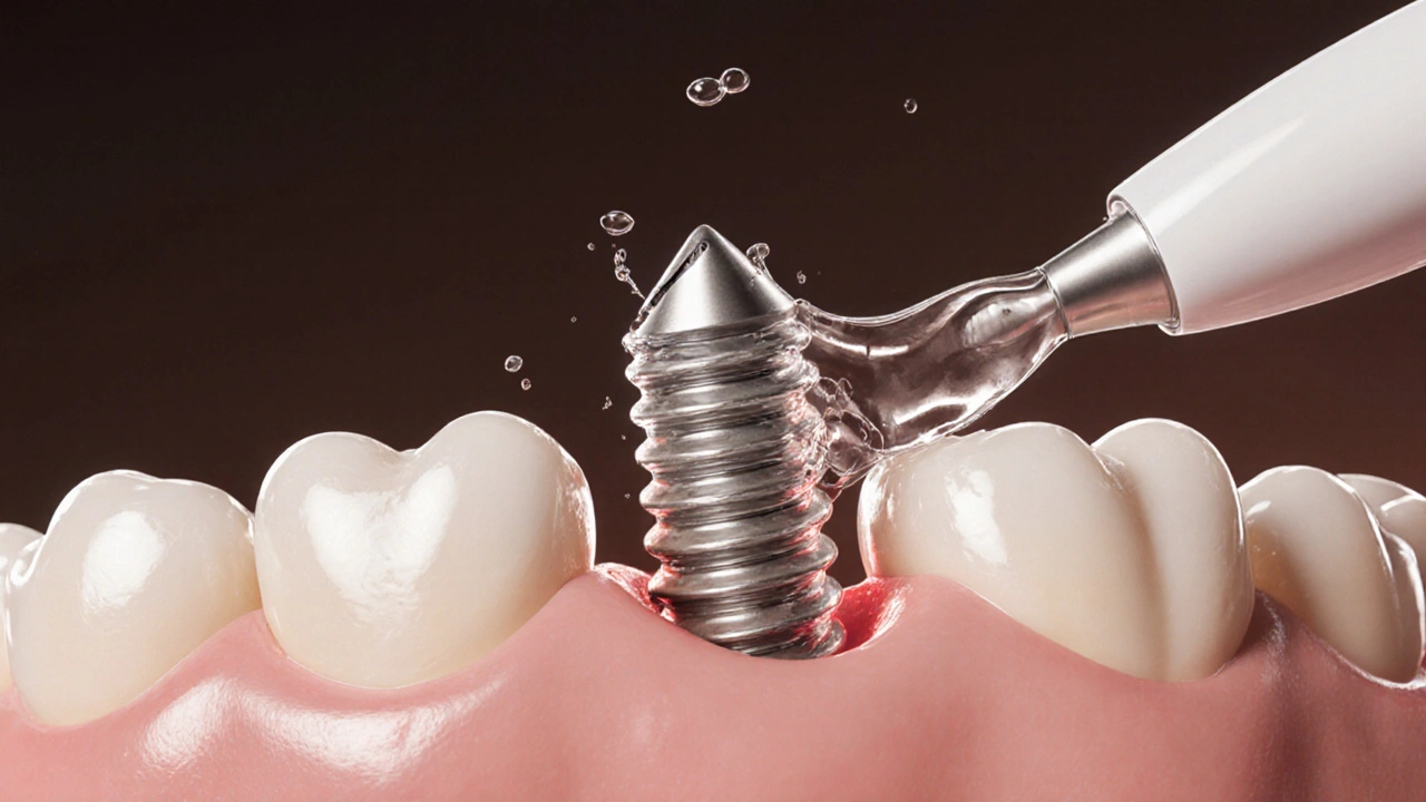 Titaniový implantát je bezpečně očištěn hydrodynamickým proudem, ultrazvuk je vypnut.