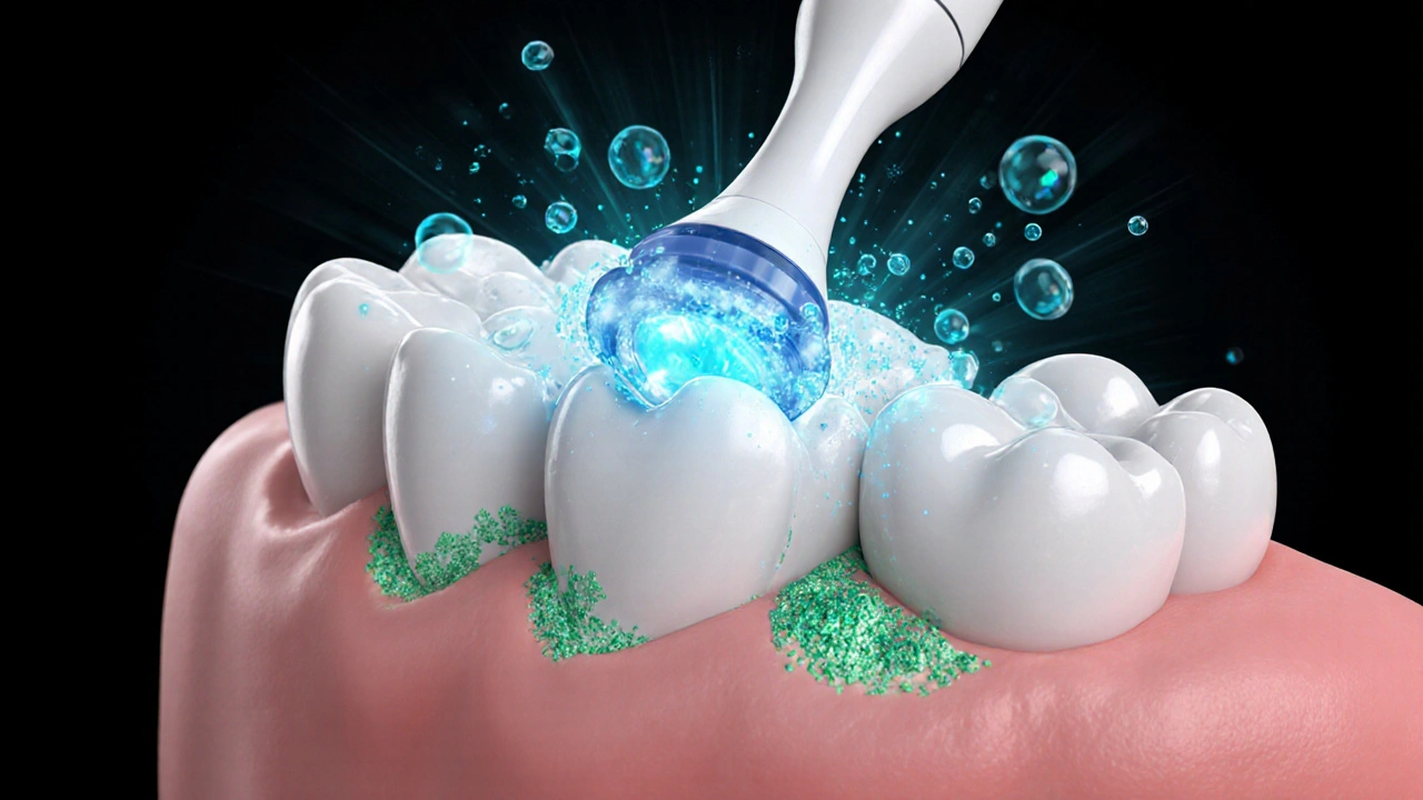 Ultrazvukové vlny odstraňují plak a zubní kámen pod dásněmi a mezi zuby.