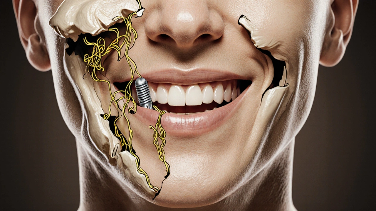 Úsměv vznikající z regenerující kosti kolem zubní implantace.