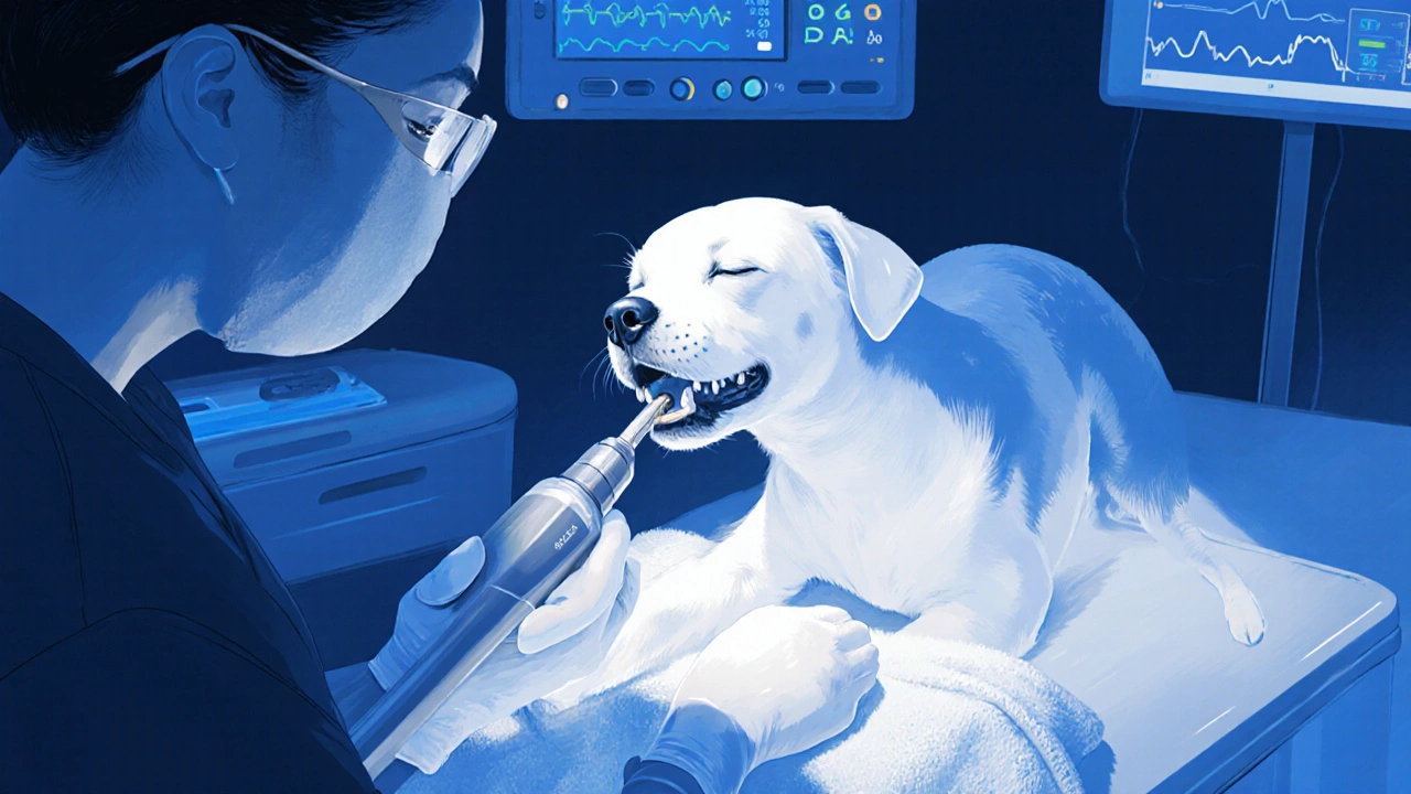 Veterinář čistí psu zuby pod celkovou anestézií ultrazvukovým nástrojem.