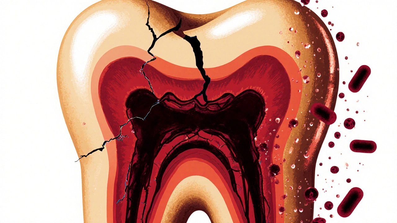 Vnitřek zubu s inflamovaným nervem a bakteriemi šířícími se do čelisti.