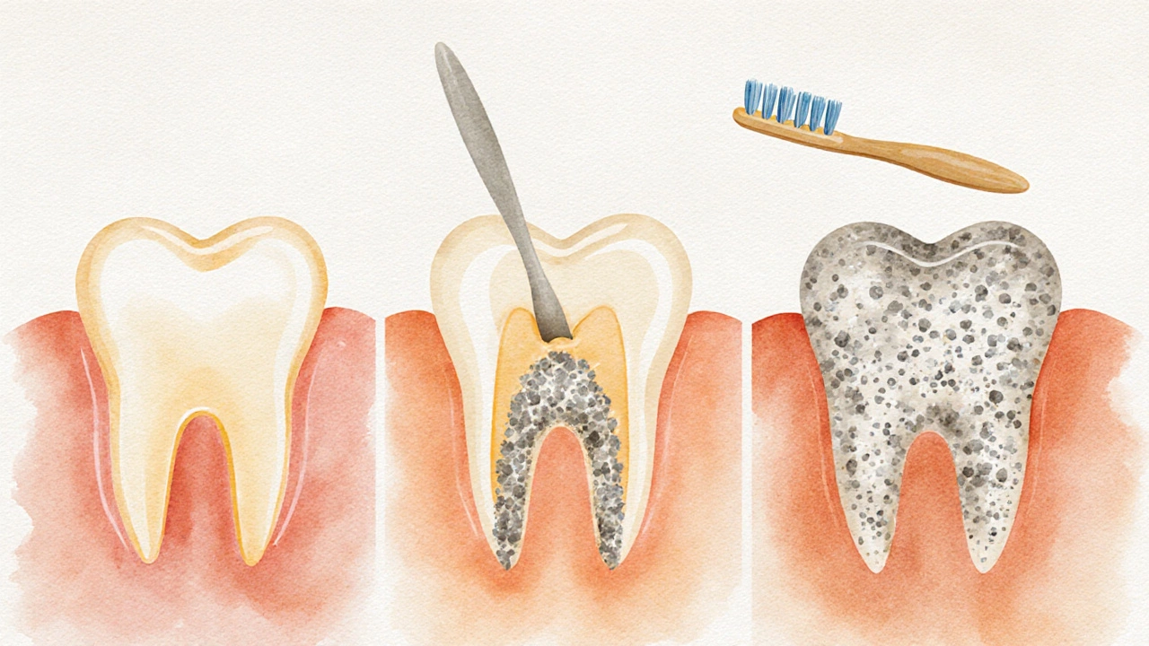 Vývoj plaku a kamenů mezi zuby s řešením mezizubním kartáčkem.