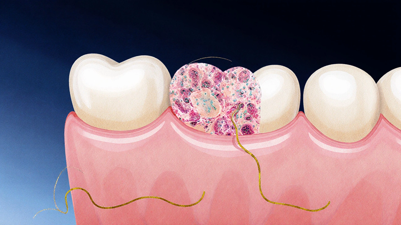 Zahojování dásně s mikroskopickými detaily nové tkáně.