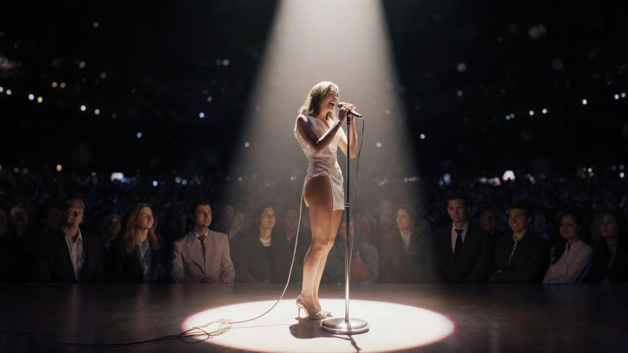 Žena zpívá na pódiu s dokonalým úsměvem z dočasných zubů.