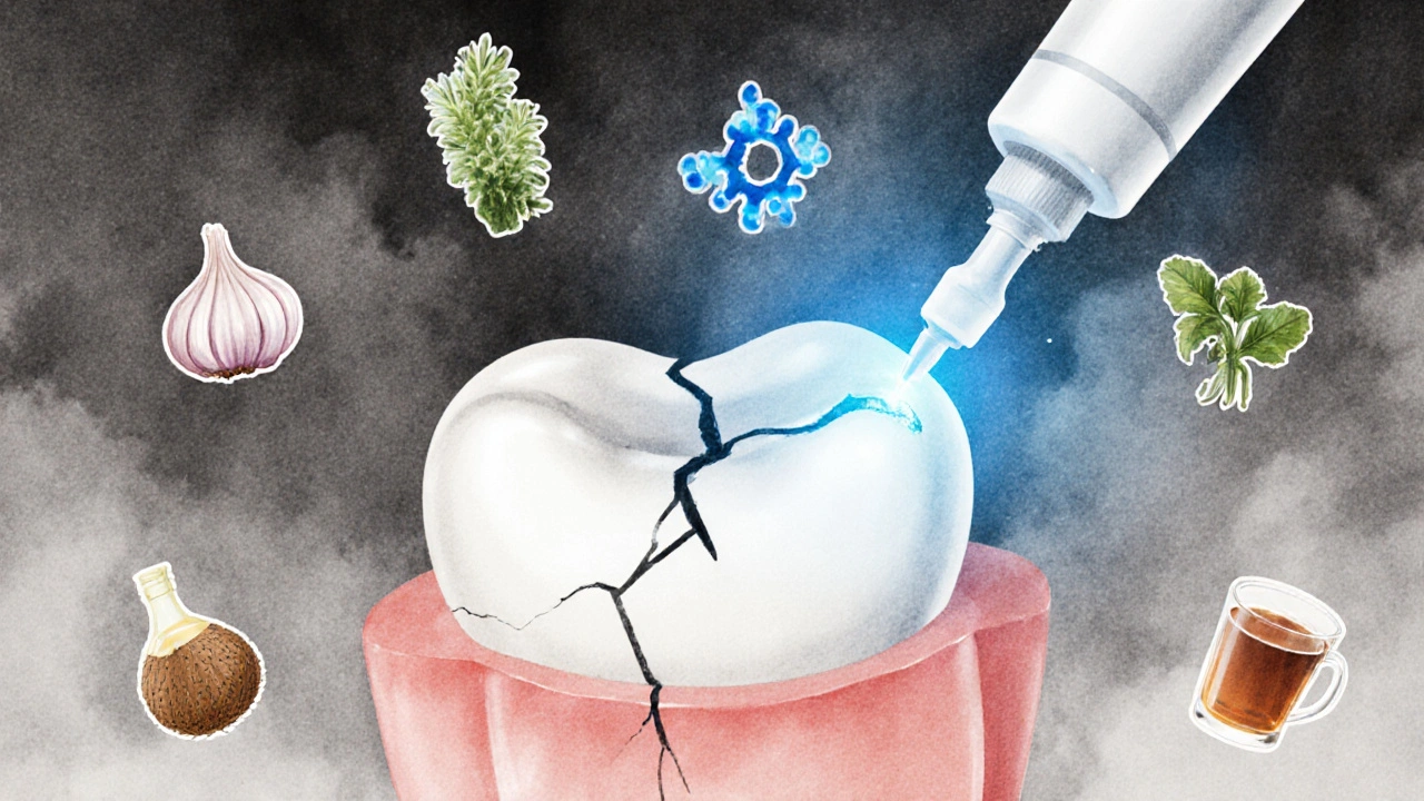 Zub s odhaleným dentinem, okolo něj pravděpodobné domácí léky, které se rozptylují, zatímco fluoridové látky zavírají kanálky.