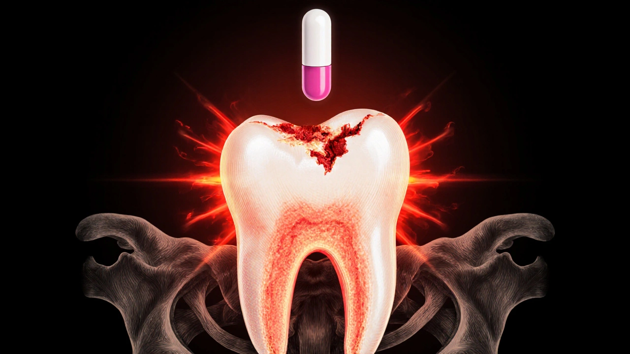 Zub s viditelným poškozením a zánětem dásně, nad ním visí lék jako ochrana.