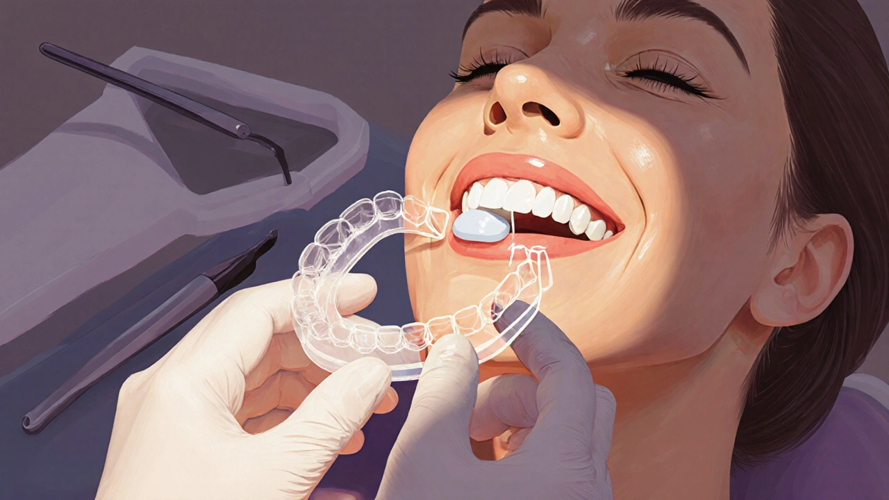 Zubní lékař aplikuje bezpečný gel do vlastních šablon na zuby pacienta.