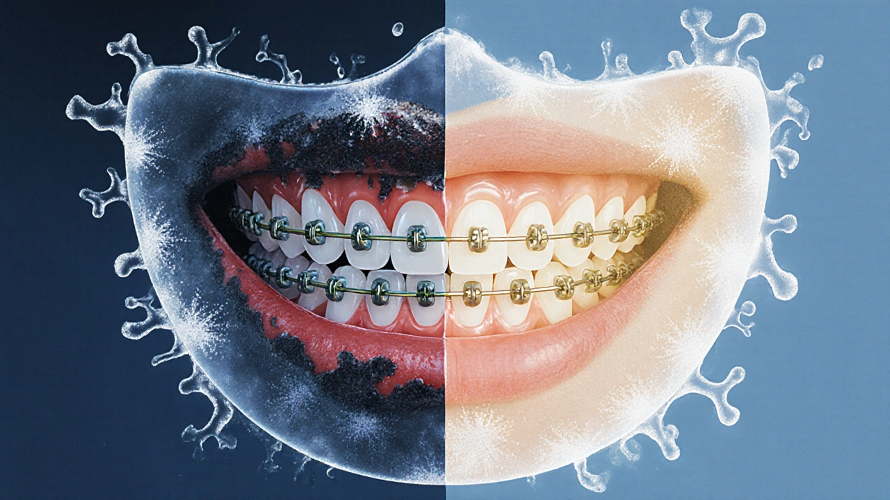 Zuby s rovnátky pokryté plakem a bílými skvrnami, s červenými dásněmi a ochranným proudem fluoridu.