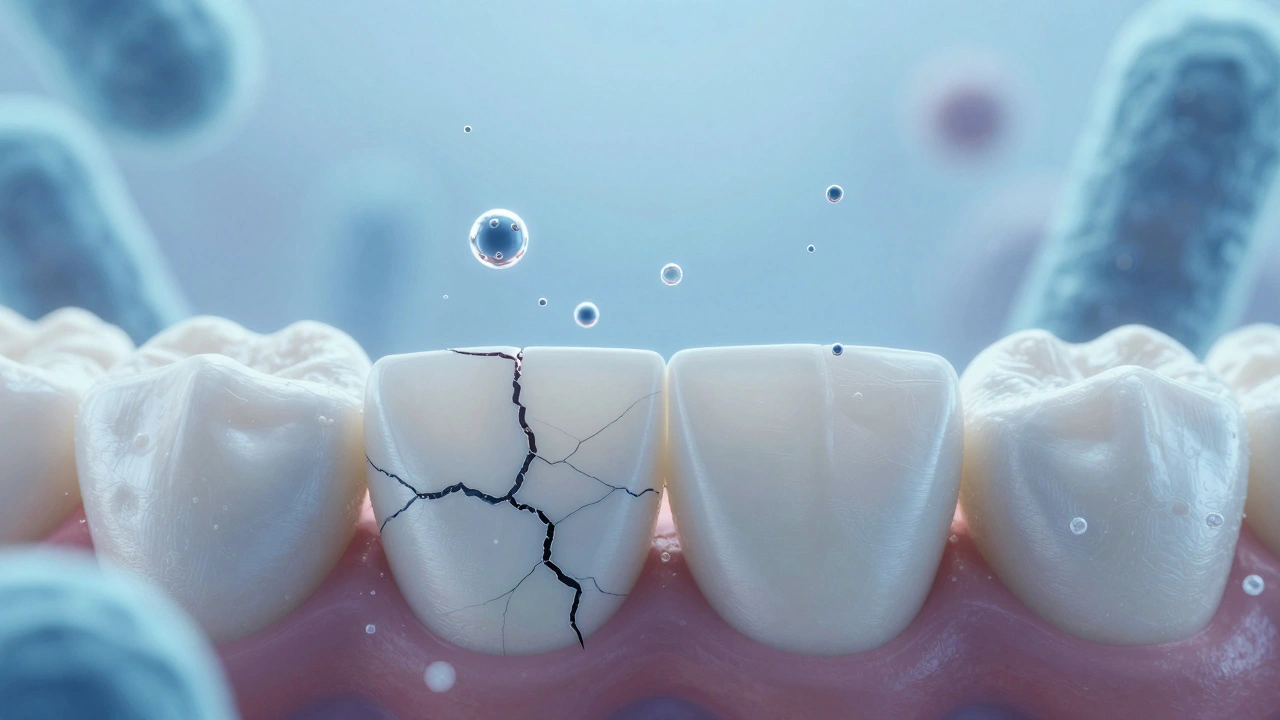 Abstraktní znázornění rozkladu zubního kamene pomocí iontů bicarbnátu a fluoridu.