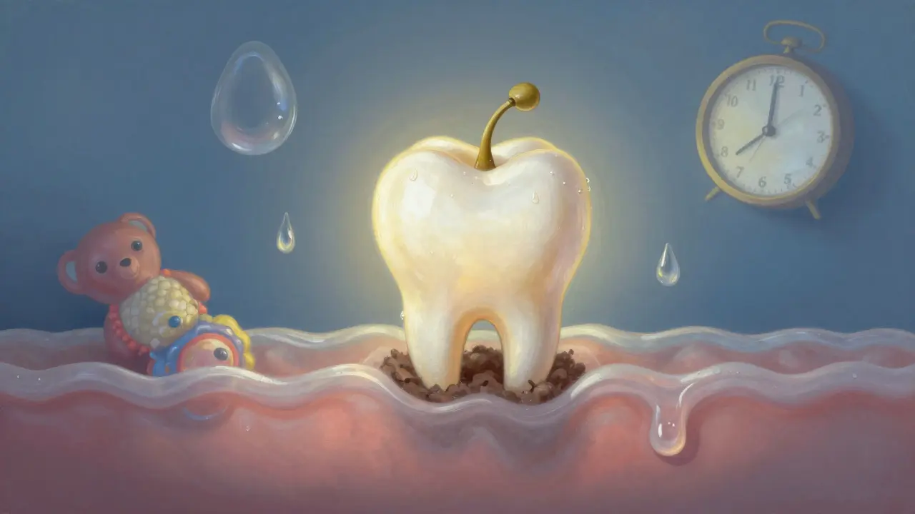 Abstraktní znázornění zubu, který se pomalu prosazuje skrz dásen.