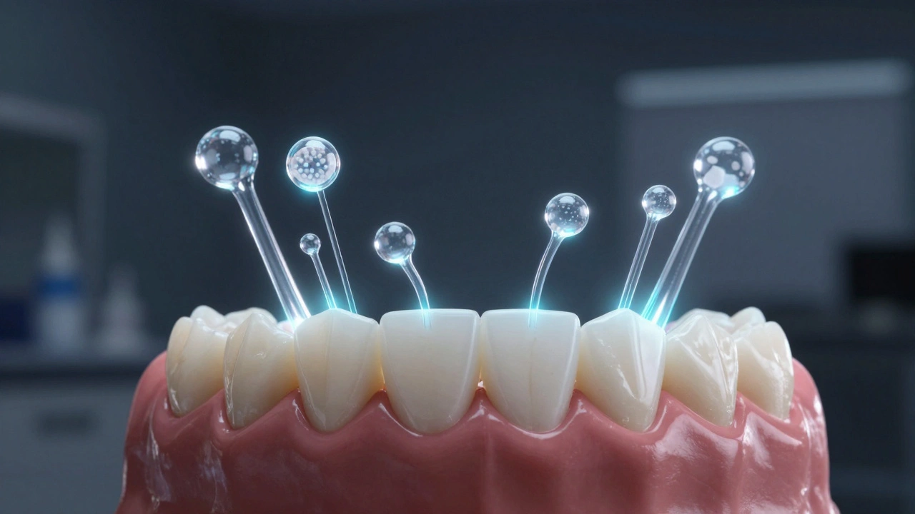 Bělící šablona obklopená ochrannými molekulami fluoridu a dusičnanu draselného.