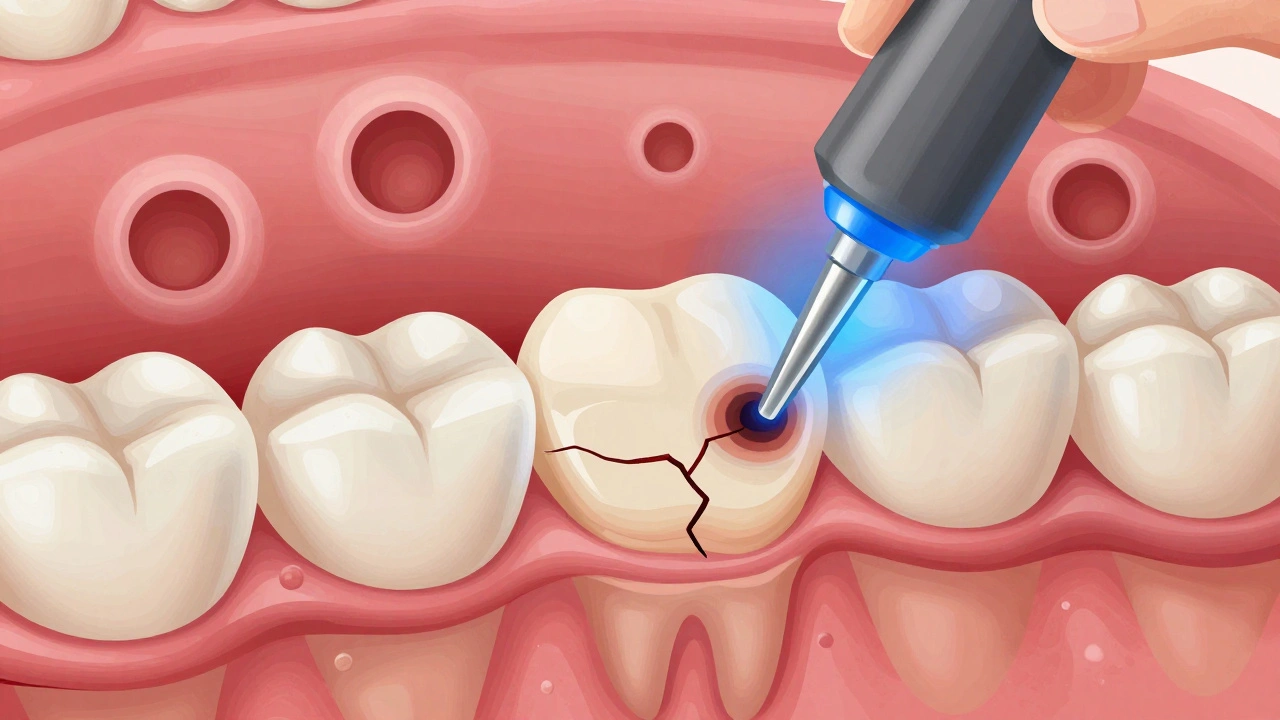 Cross-section of a tooth being restored with composite resin under blue curing light.