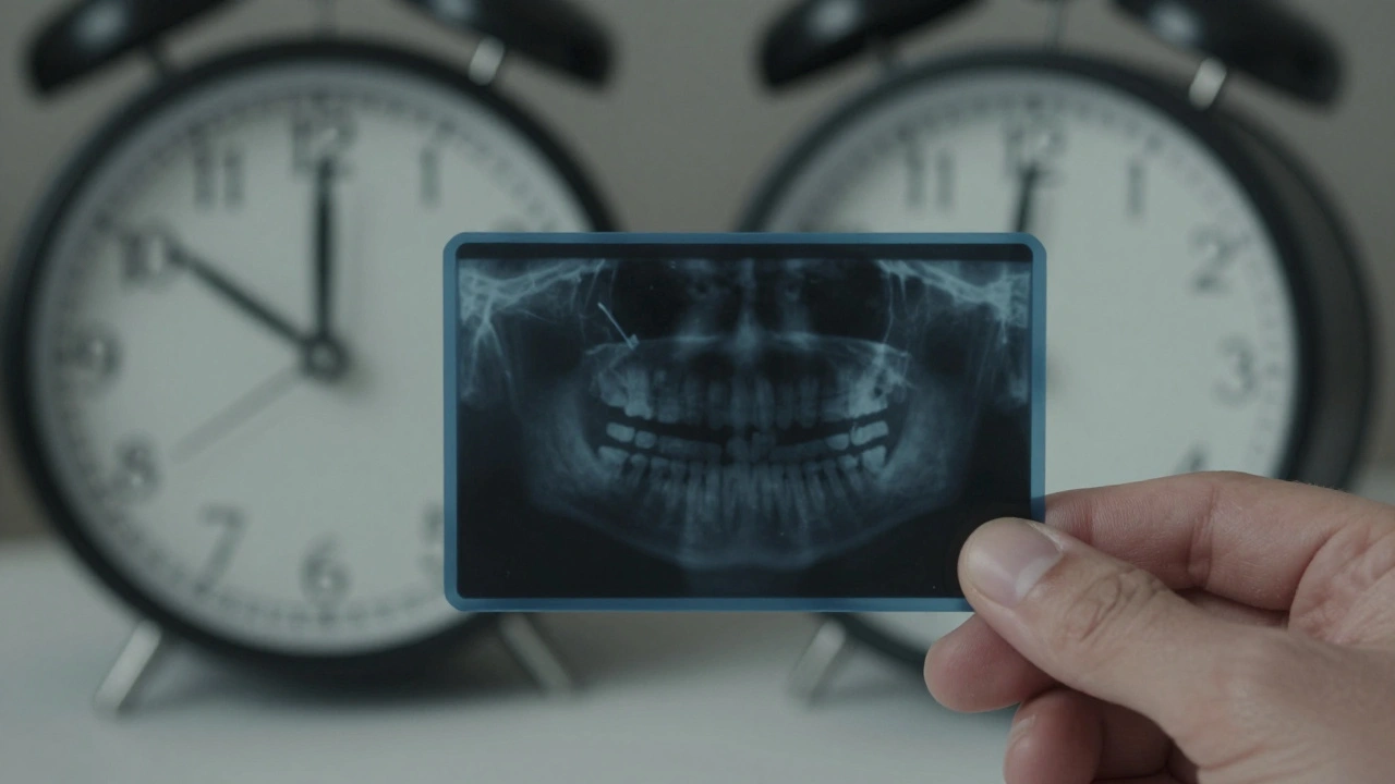 Dentální rentgenový snímek s tmavou skvrnou pod plombou a hodinami ukazujícími 5 dní.