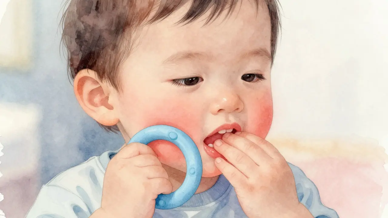 Dítě žvýká chladný gumový teething prsten, ruka na čelisti.