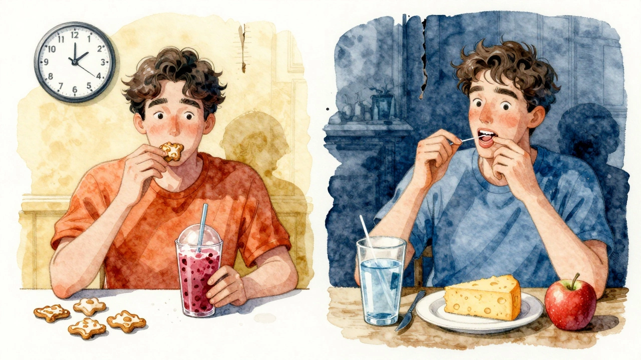 Dvě protikladné denní rutiny: sladké svačiny vs. zdravé svačiny a čištění zubní nití.