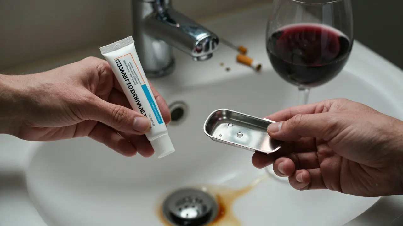 Dvě ruce: jedna s nelegálním bělícím produktem, druhá s profesionálním nástrojem, za nimi káva a cigarety.