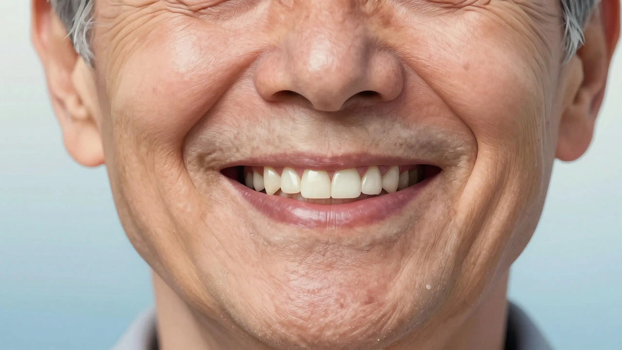 Dvě strany obličeje: jedna s opadlými tvářemi a bez zubů, druhá s plnými zuby a živou barvou.