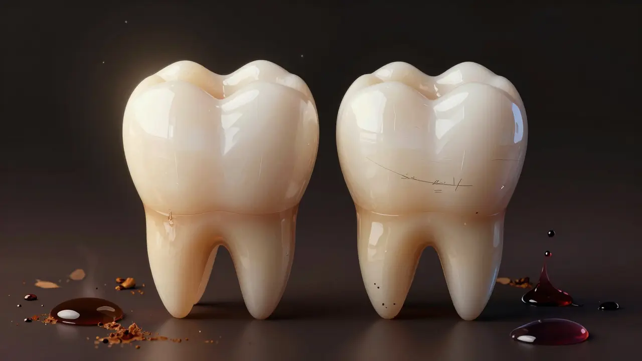 Dvě zuby vedle sebe: jeden s celistvou sklovinou, druhý s poškozenou povrchovou vrstvou.