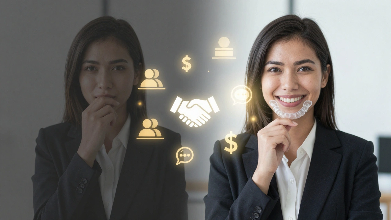 Dvojité expozice: zaváhání vs. sebevědomý úsměv s symboly kariérního růstu.