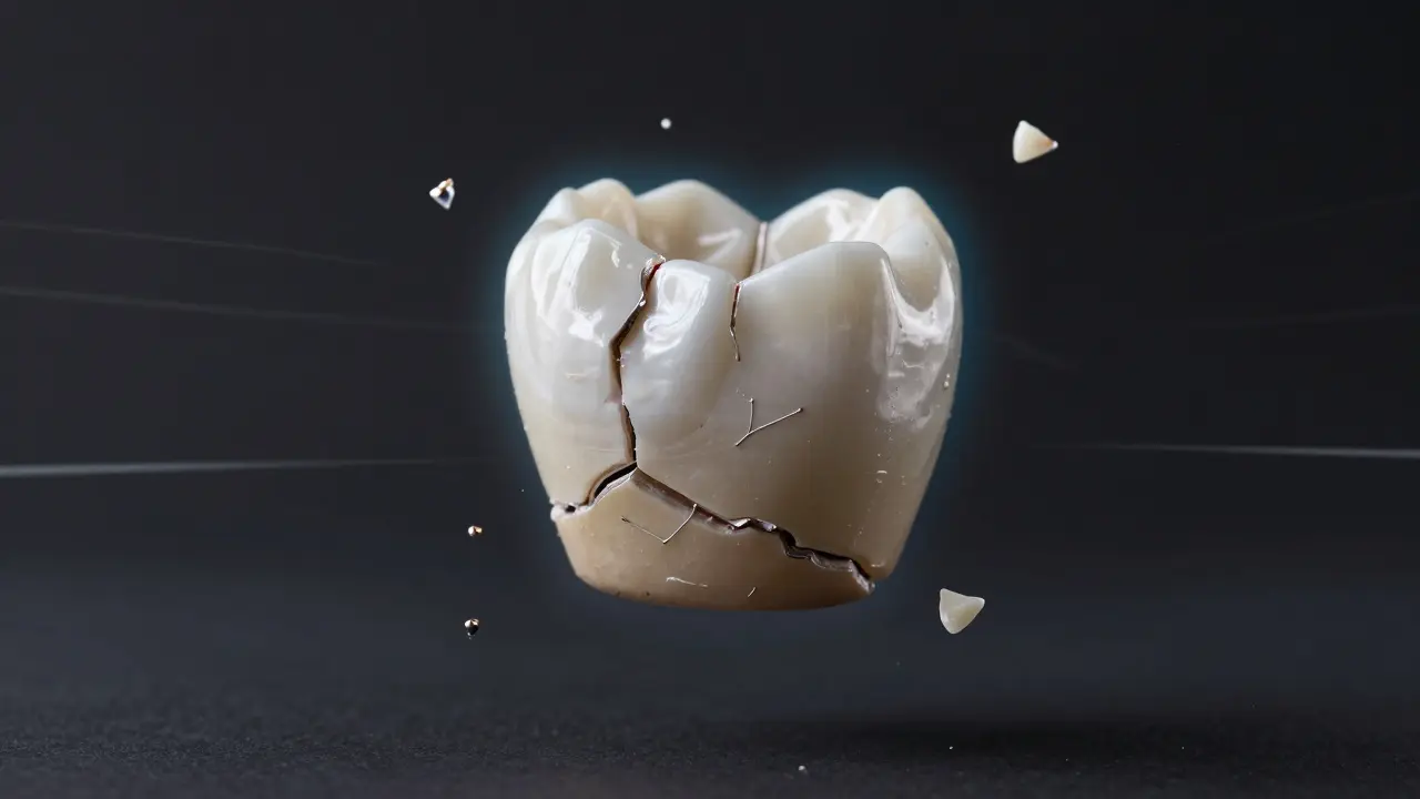 Keramická fazeta ve vzduchu s roztrhanými částmi a symboly péče.