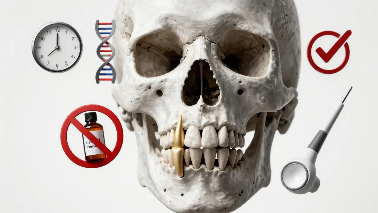 Kostěná lebka s viditelnými rozdíly v růstu moudrých zubů a symboly vývoje.