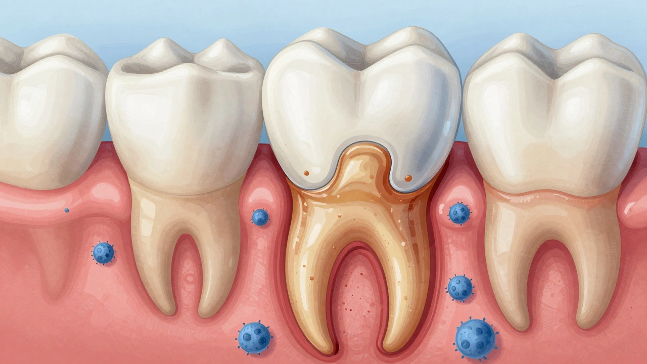 Křížový řez zubu s plombou a zánětlivými tkáními v okolí.