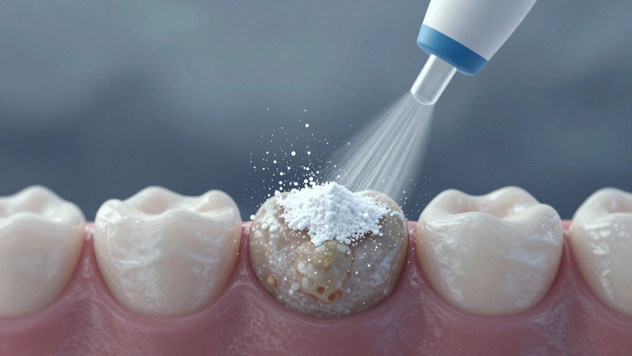 Mikroskopický pohled na odstraňování zubního kamene jemným proudem prášku a vody.