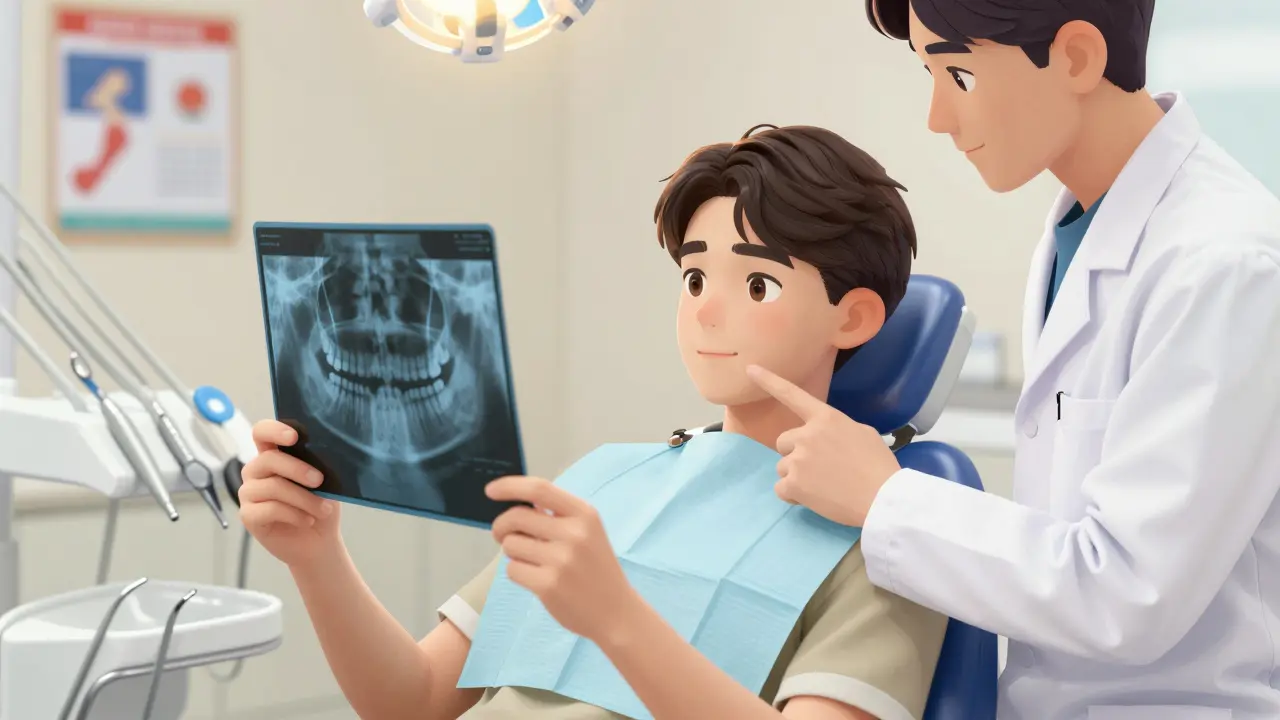 Mladý muž a zubní lékař prohlížejí panorámový rentgen třetích zubů.