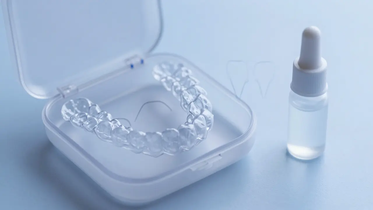 Neviditelná rovnátka v ochranné krabičce s čisticím roztokem.