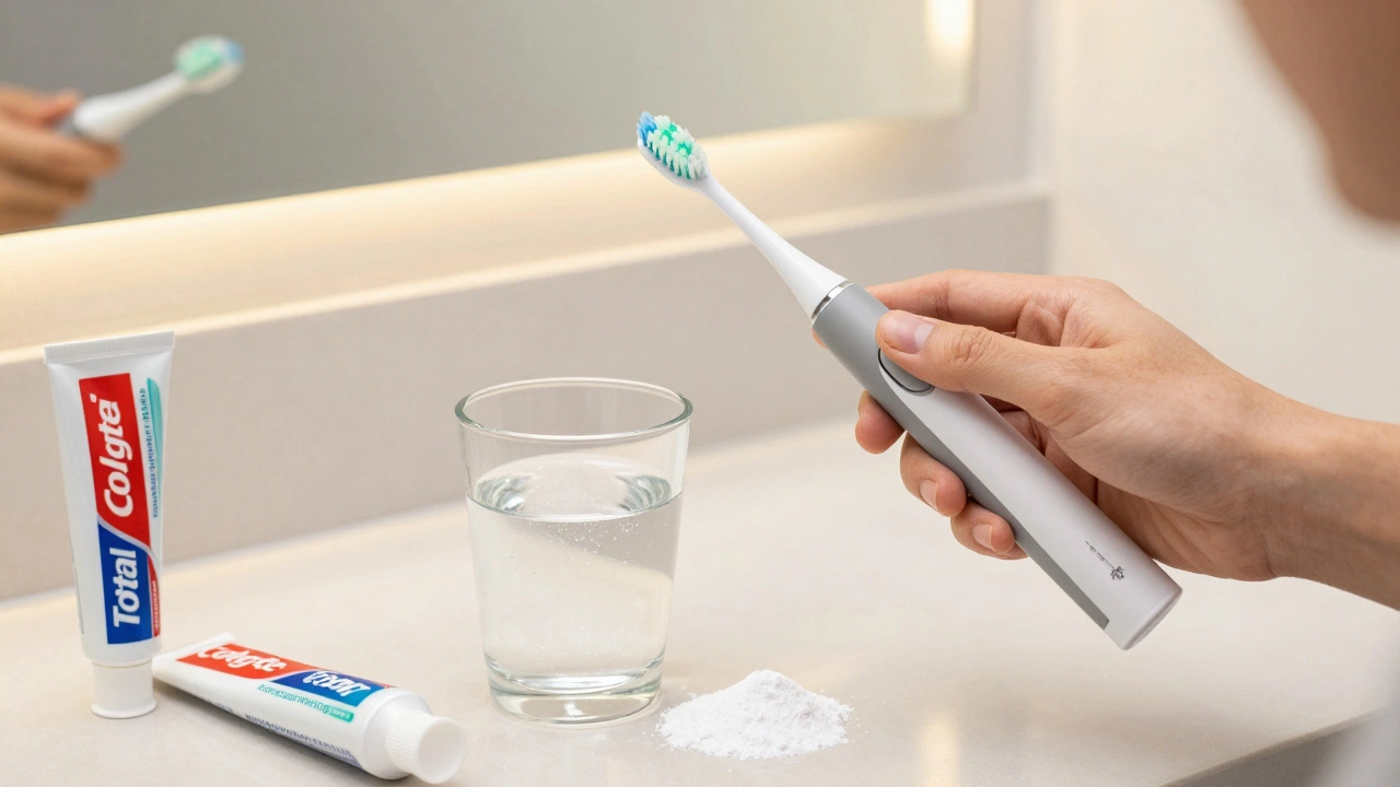 Osoba čistí zuby elektrickým kartáčkem s bicarbnátem a fluoridem.