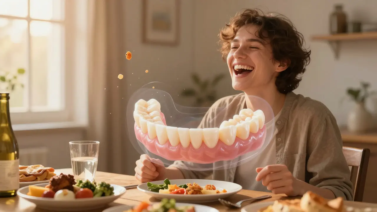 Osoba směje se u stolu, s průhledným náčrtkem flexibilní protézy přiléhající k dásním.