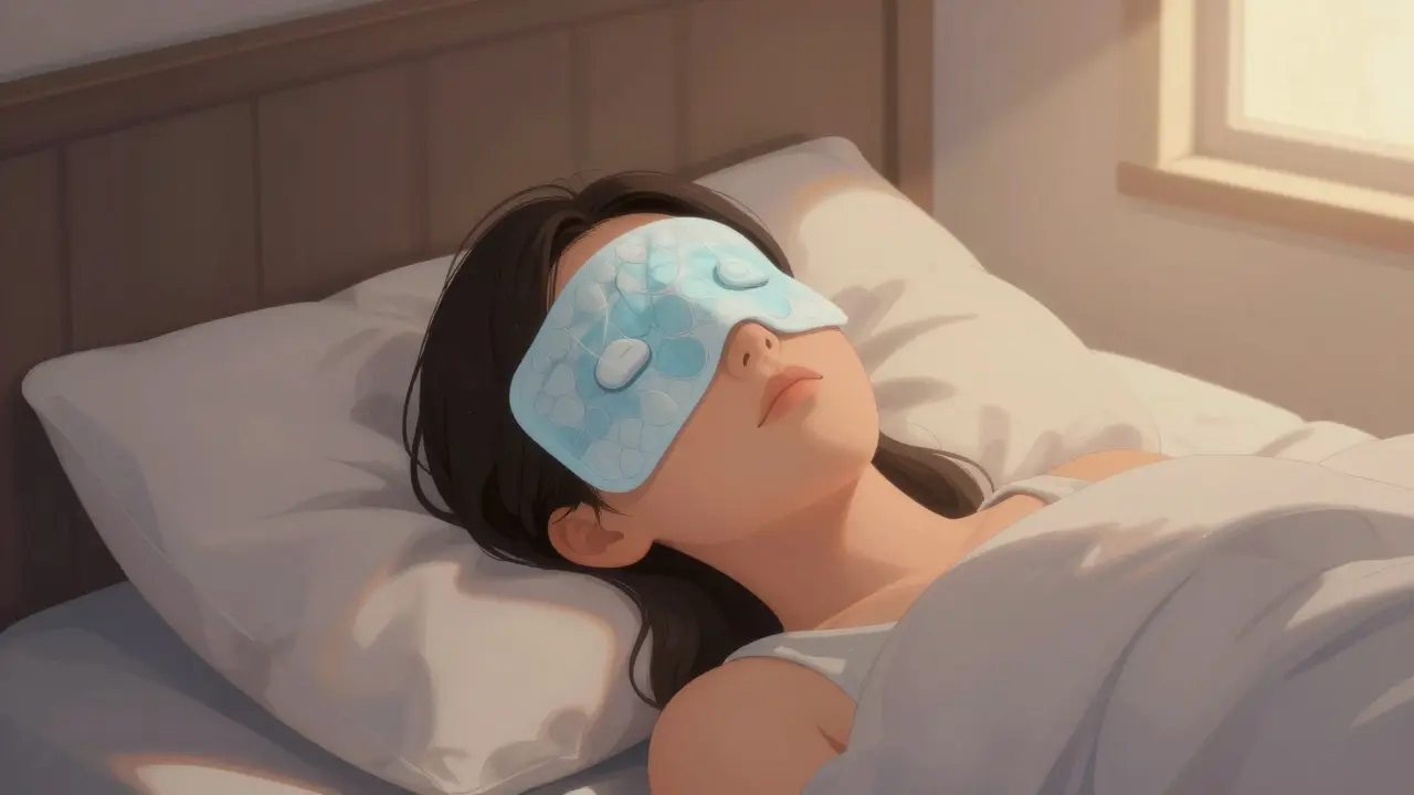 Pacient spí na zádech s polštáři a studeným obkladem na tváři.