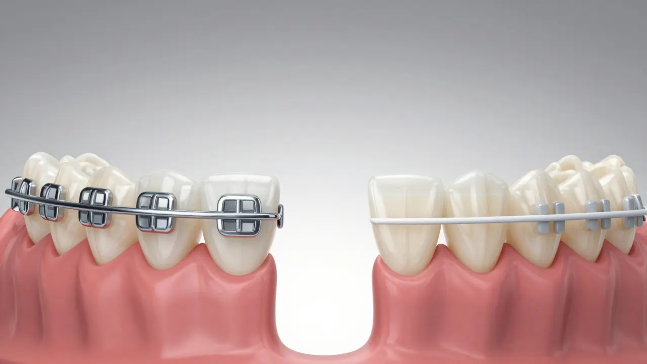 Porovnání kovových a keramických rovnátek na zubech, keramické jsou téměř neviditelné.