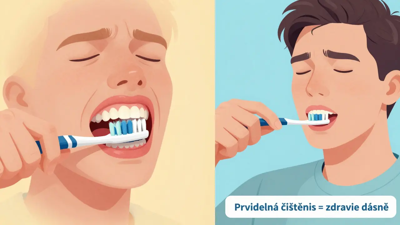 Porovnání špatného a správného používání mezizubního kartáčku s krvácením a zdravými dásněmi.