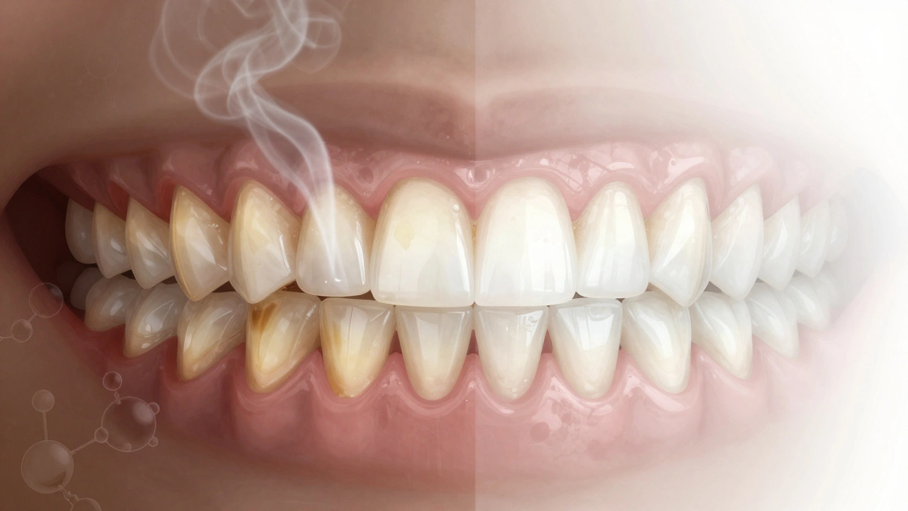 Porovnání žlutých a bělících se zubů po použití Opalescence, přirozená jasnost.