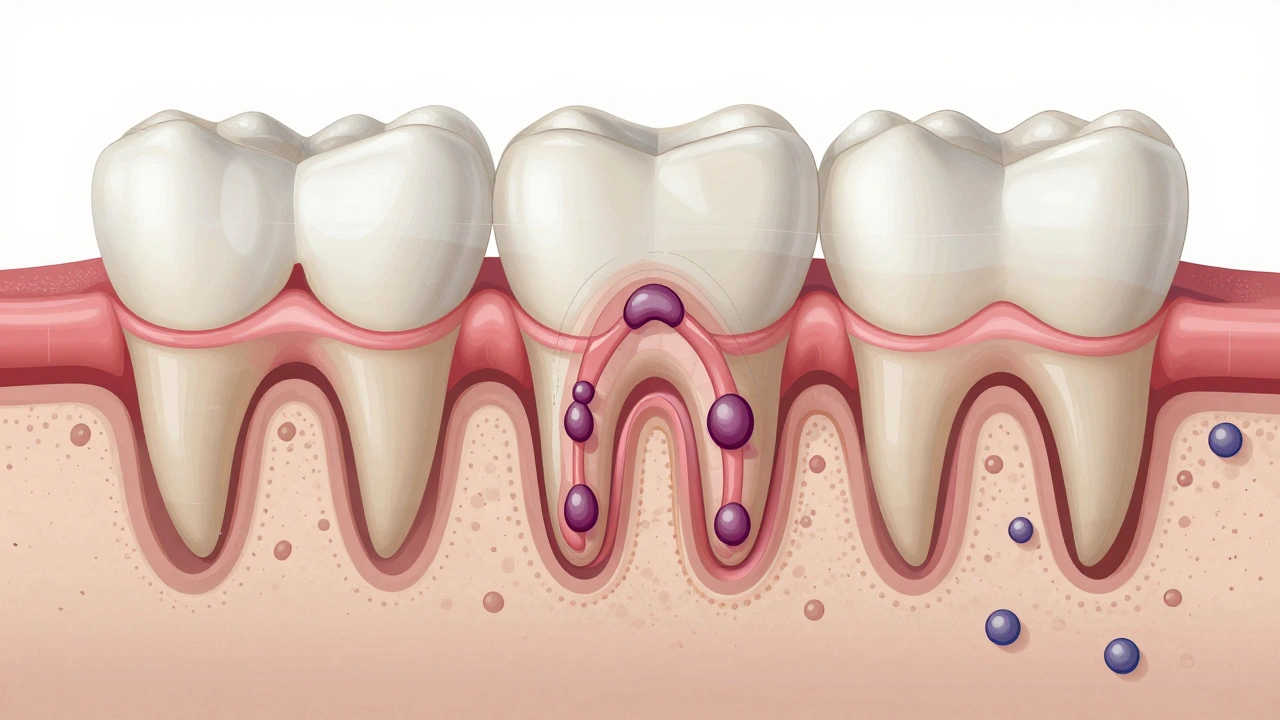 Příčný řez zubní sklovinou s pigmenty, mikroabrazí a remineralizací hydroxapatitem.