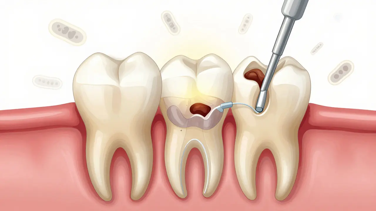 Průhledný zub s třemi kanálky vyčištěnými a naplněnými gutta-perchou, bez infekce.