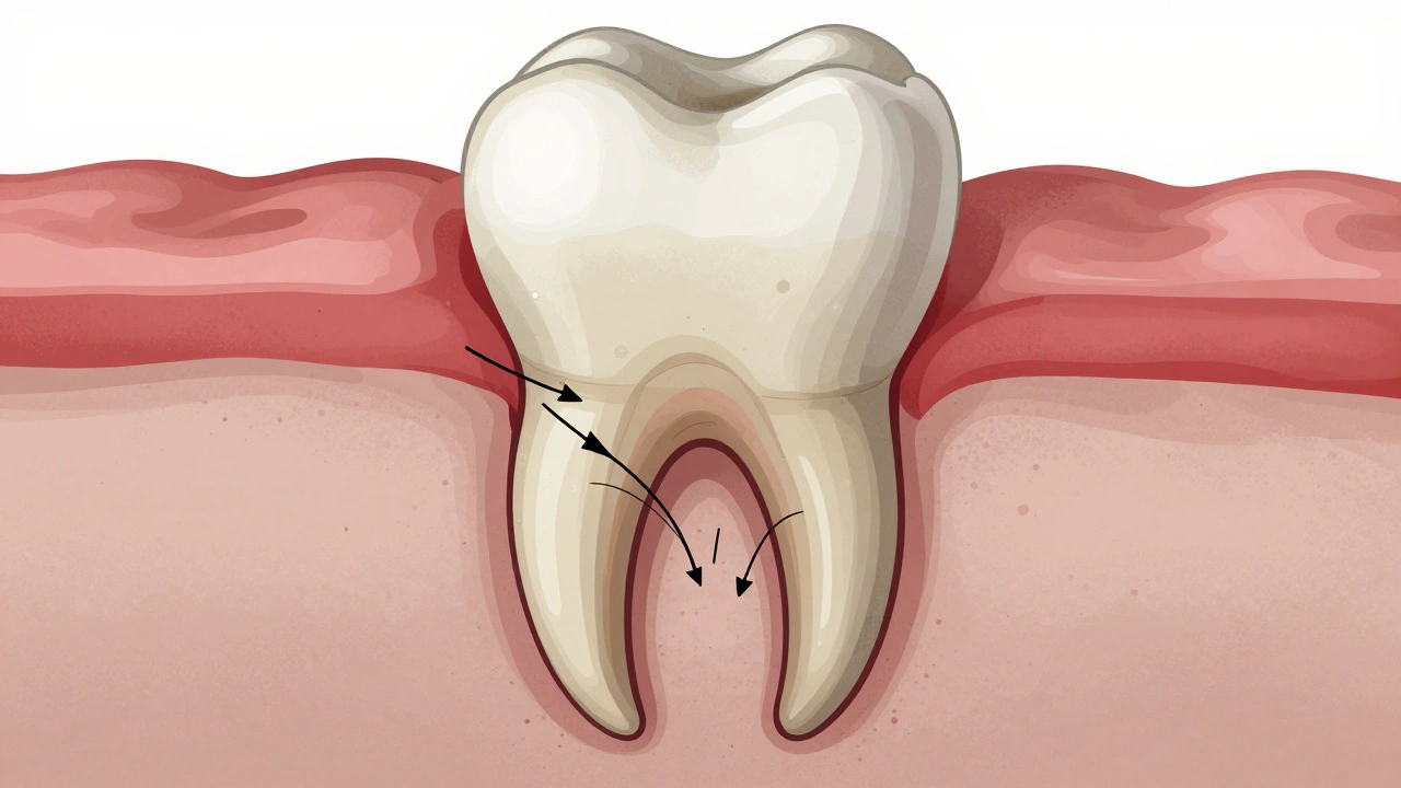 Průřez zubu s kamenem pod dásní a ztrátou kosti kolem kořene.
