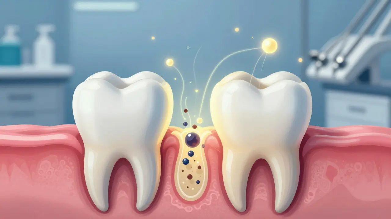 Průřez zubu ukazující, jak bělící látky rozkládají tmavé pigmenty v sklovině.
