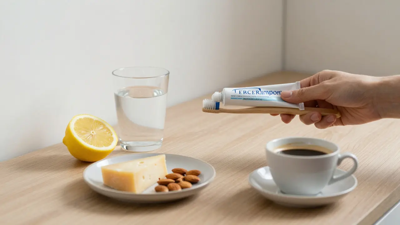 Ranní rutina s fluoridovou pastou, sýrem, ořechy a kávou s mlékem, bez textu.