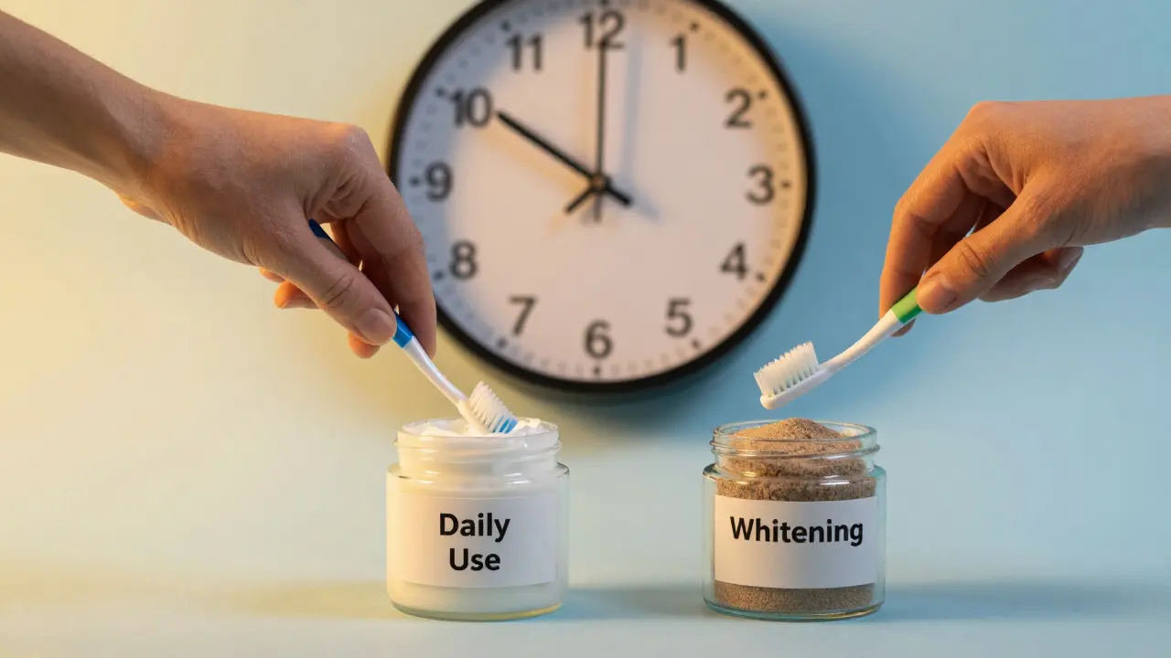 Ruka klade kartáček do nebezpečné abrazivní pasty, druhá do bezpečné s fluoridem.