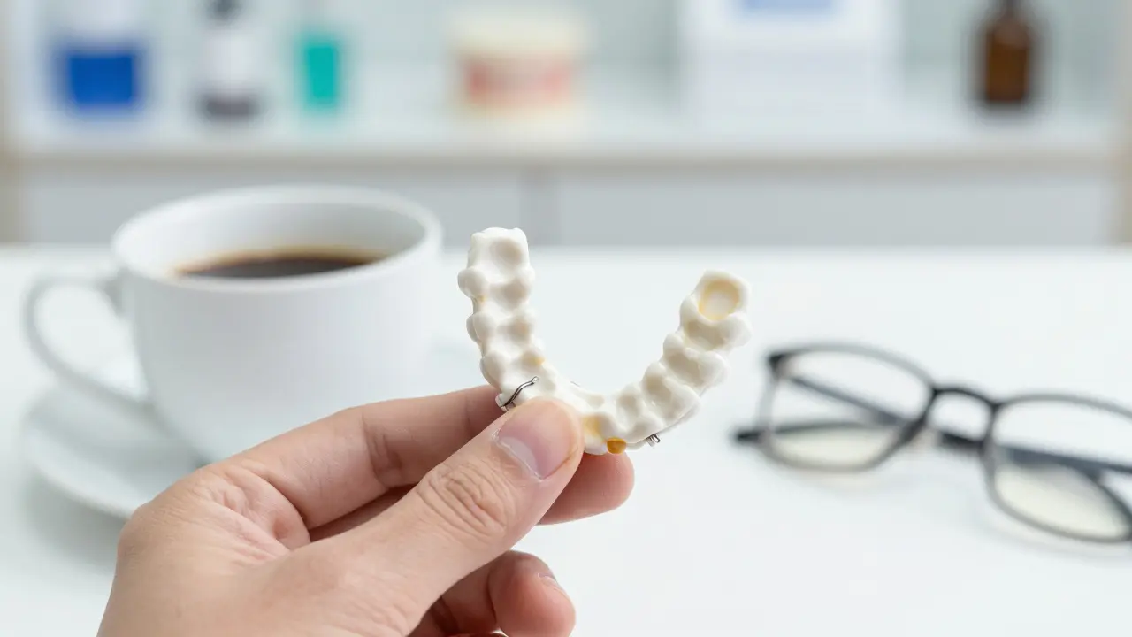 Rukou držená keramická rovnátka vedle kávy, s jemnými skvrnami na povrchu.